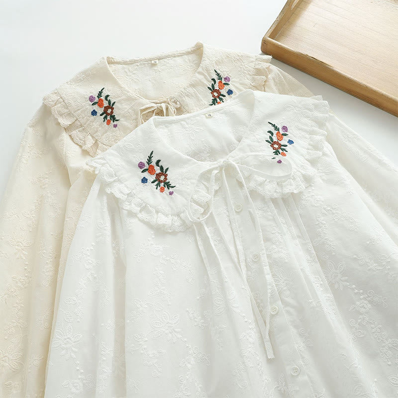 Chemise à manches longues en coton pour femme, ornée de broderies florales blanches et de Buddha Stones, avec col Peter Pan et boutons. - image 12