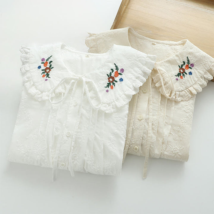 Chemise à manches longues en coton pour femme, ornée de broderies florales blanches et de Buddha Stones, avec col Peter Pan et boutons. - image 11