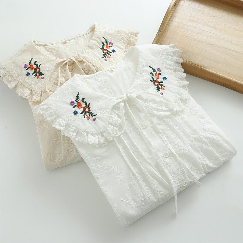 Chemise à manches longues en coton pour femme, ornée de broderies florales blanches et de Buddha Stones, avec col Peter Pan et boutons. - image 10