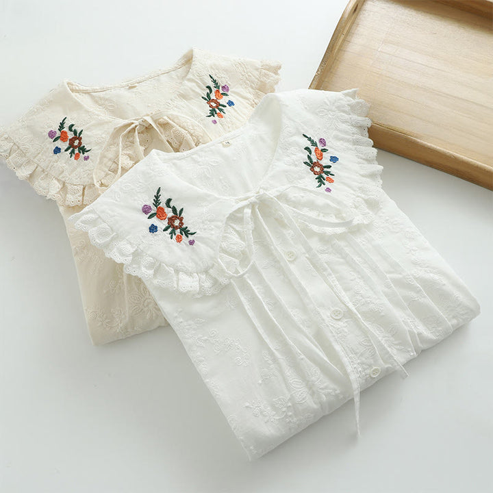 Chemise à manches longues en coton pour femme, ornée de broderies florales blanches et de Buddha Stones, avec col Peter Pan et boutons. - image 10