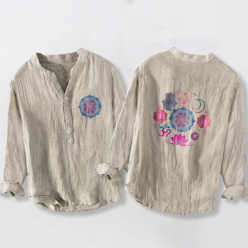 Chemise à manches longues pour homme en coton et lin, ornée de demi-boutons, motif mandala Om, lotus et Buddha Stones - Lin - US/UK/AU50，EU60 (5XL) - image 3