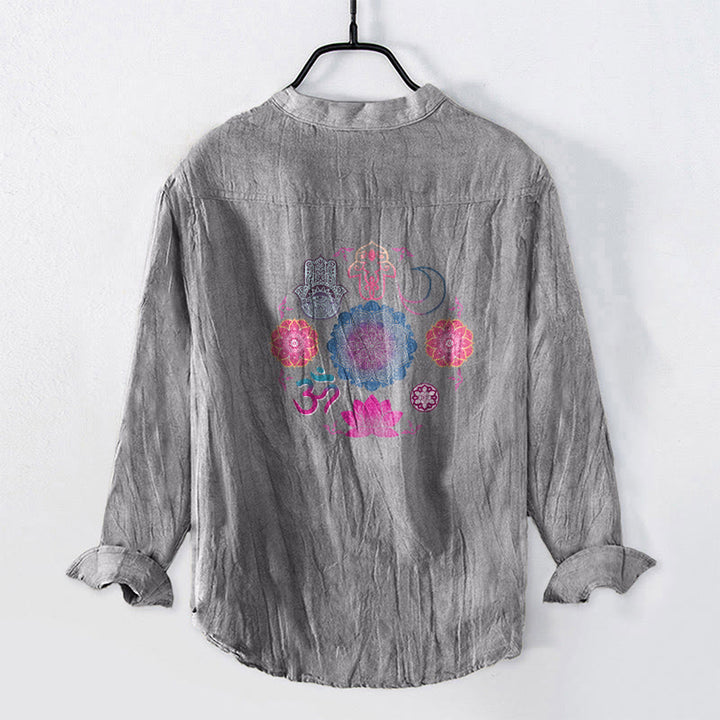 Chemise à manches longues pour homme en coton et lin, ornée de demi-boutons, motif mandala Om, lotus et Buddha Stones - image 8
