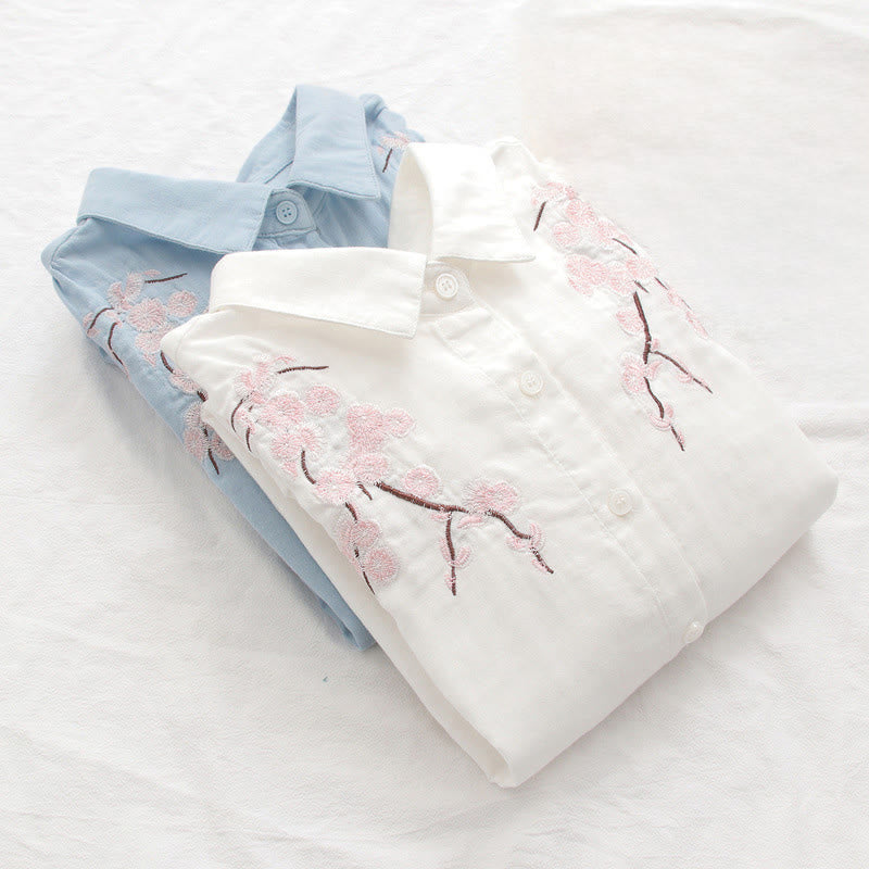 Chemise à manches longues en coton pour femme, ornée de boutons brodés, de Buddha Stones et de fleurs de prunier roses d'automne - image 14