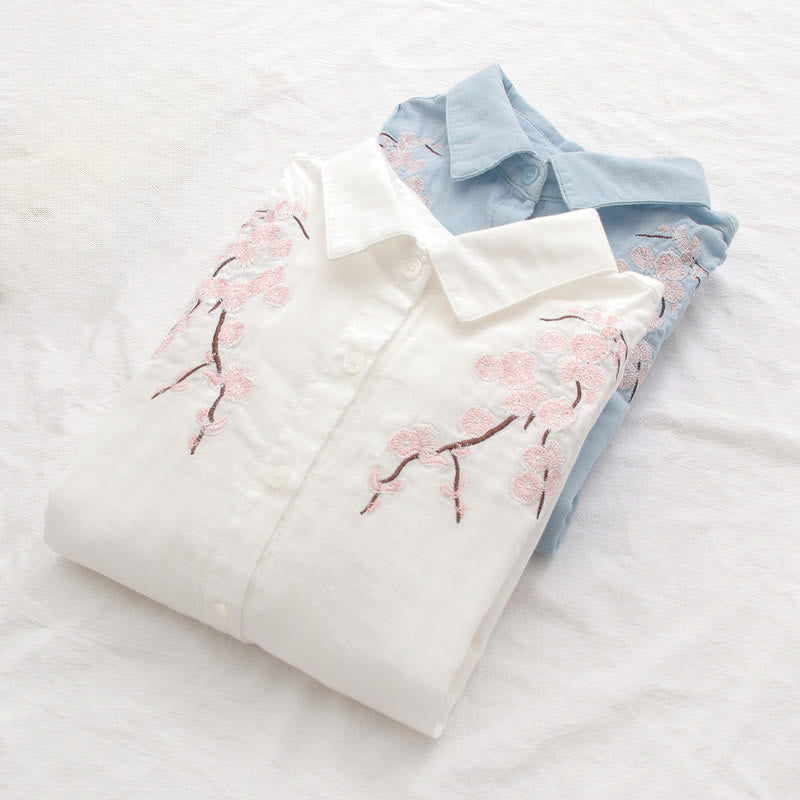 Chemise à manches longues en coton pour femme, ornée de boutons brodés, de Buddha Stones et de fleurs de prunier roses d'automne - image 15