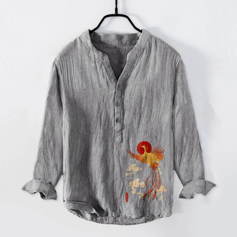 Chemise à manches longues pour homme en coton et lin, motif phénix, soleil rouge et nuages, avec demi-boutons et Buddha Stones - Gris - US/UK/AU50，EU60 (5XL) - image 0