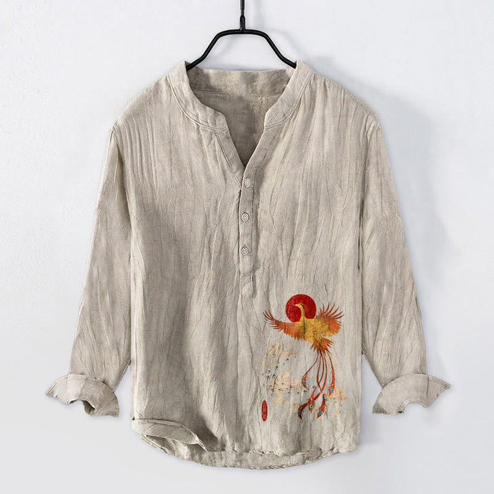 Chemise à manches longues pour homme en coton et lin, motif phénix, soleil rouge et nuages, avec demi-boutons et Buddha Stones - Lin - US/UK/AU50，EU60 (5XL) - image 3