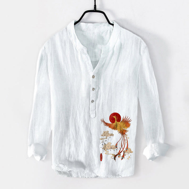 Chemise à manches longues pour homme en coton et lin, motif phénix, soleil rouge et nuages, avec demi-boutons et Buddha Stones - Blanc - US/UK/AU50，EU60 (5XL) - image 6