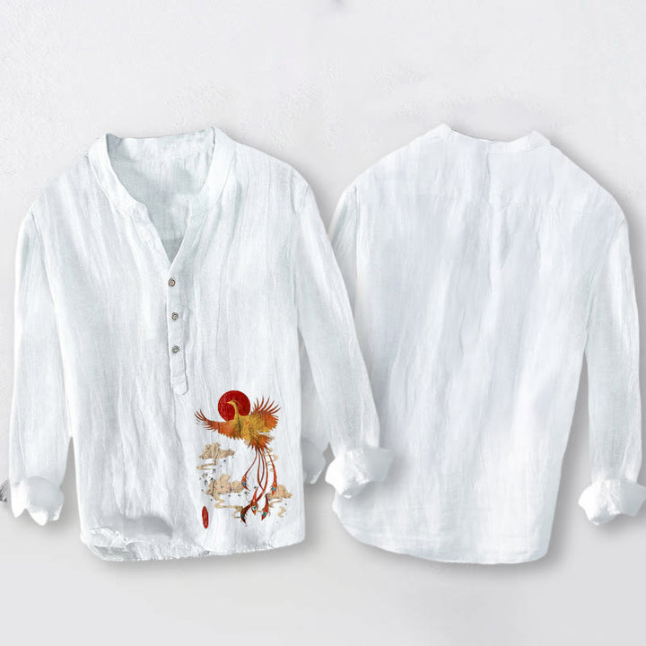 Chemise à manches longues pour homme en coton et lin, motif phénix, soleil rouge et nuages, avec demi-boutons et Buddha Stones - image 8