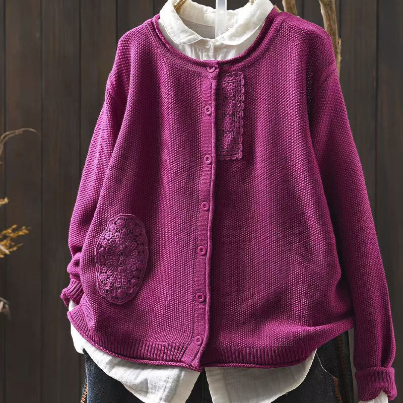 Gilet cardigan en coton à manches longues pour femme, orné de boutons floraux et de Buddha Stones - Rouge violet moyen - US4-6，UK/AU8-10，EU36-38 (F) - image 0