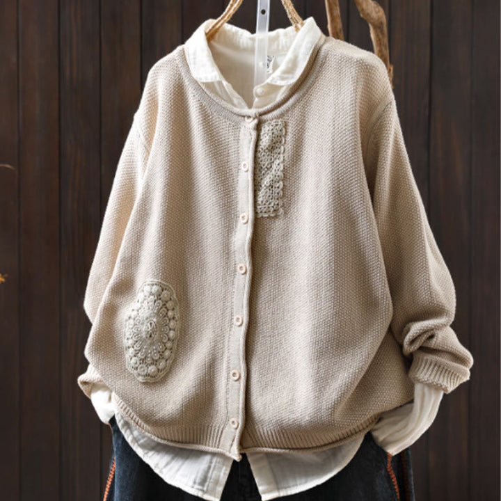 Gilet cardigan en coton à manches longues pour femme, orné de boutons floraux et de Buddha Stones - Beige - US4-6，UK/AU8-10，EU36-38 (F) - image 19