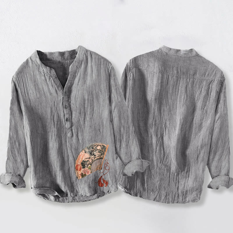 Chemise à manches longues pour homme en coton et lin, à motifs de Buddha Stones, d'éventail, de grue, de pin et de pivoine rouge et de soleil. - image 2