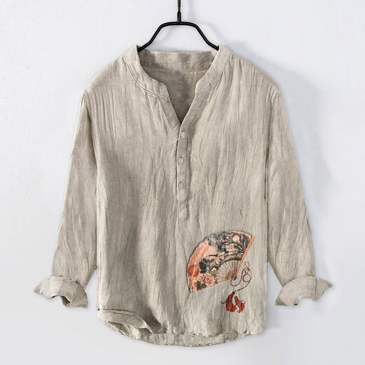 Chemise à manches longues pour homme en coton et lin, à motifs de Buddha Stones, d'éventail, de grue, de pin et de pivoine rouge et de soleil. - Lin - US/UK/AU50，EU60 (5XL) - image 3