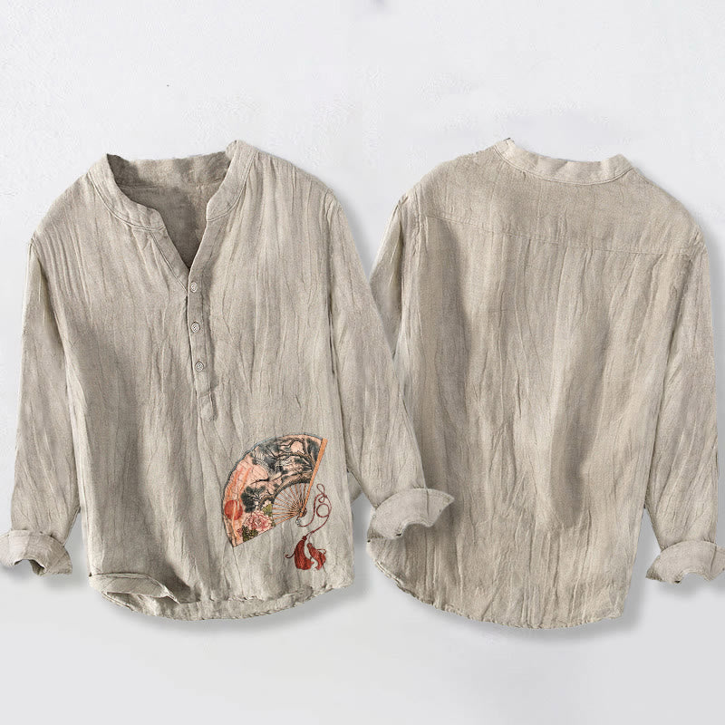 Chemise à manches longues pour homme en coton et lin, à motifs de Buddha Stones, d'éventail, de grue, de pin et de pivoine rouge et de soleil. - image 5