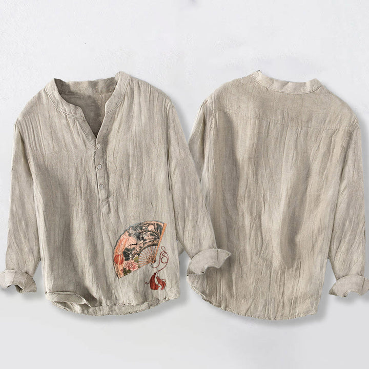 Chemise à manches longues pour homme en coton et lin, à motifs de Buddha Stones, d'éventail, de grue, de pin et de pivoine rouge et de soleil. - image 5