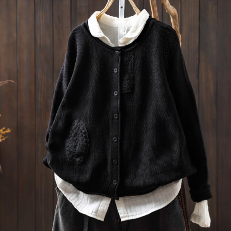 Gilet cardigan en coton à manches longues pour femme, orné de boutons floraux et de Buddha Stones - Noir - US4-6，UK/AU8-10，EU36-38 (F) - image 28