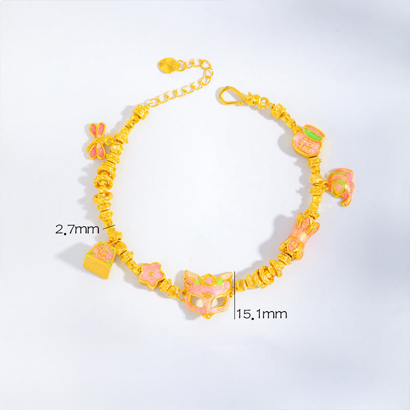 Bracelet porte-bonheur en laiton plaqué or 24 carats avec breloque Ruyi représentant le renard Fu et les Buddha Stones - Laiton (Tour de poignet : 16-19 cm) - image 1