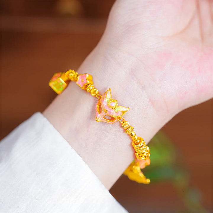 Bracelet porte-bonheur en laiton plaqué or 24 carats avec breloque Ruyi représentant le renard Fu et les Buddha Stones - image 0