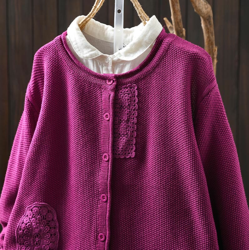 Gilet cardigan en coton à manches longues pour femme, orné de boutons floraux et de Buddha Stones - image 1