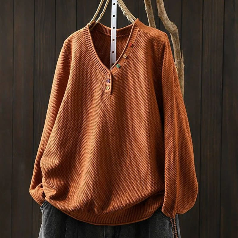 Pull en maille à manches longues pour femme, en coton, avec boutons colorés et col en V, Buddha Stones. - Orange foncé - US4-6，UK/AU8-10，EU36-38 (F) - image 7