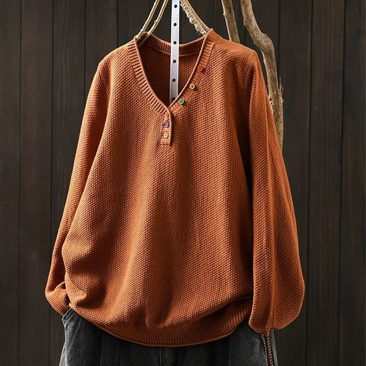 Pull en maille à manches longues pour femme, en coton, avec boutons colorés et col en V, Buddha Stones. - Orange foncé - US4-6，UK/AU8-10，EU36-38 (F) - image 7