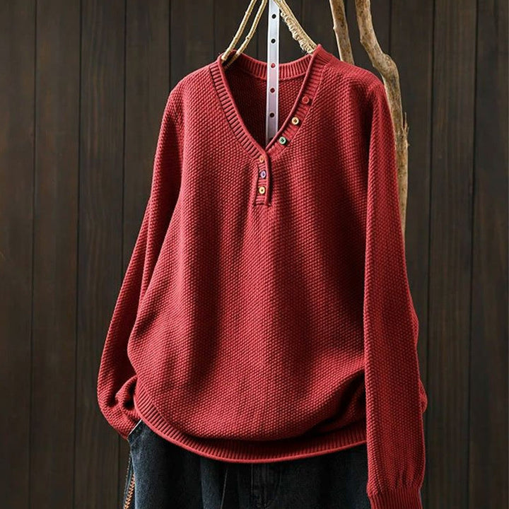 Pull en maille à manches longues pour femme, en coton, avec boutons colorés et col en V, Buddha Stones. - Rouge - US4-6，UK/AU8-10，EU36-38 (F) - image 13