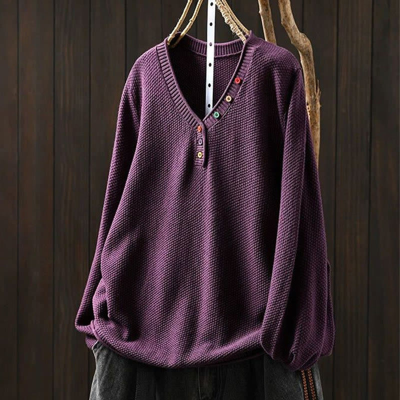 Pull en maille à manches longues pour femme, en coton, avec boutons colorés et col en V, Buddha Stones. - Violet - US4-6，UK/AU8-10，EU36-38 (F) - image 11