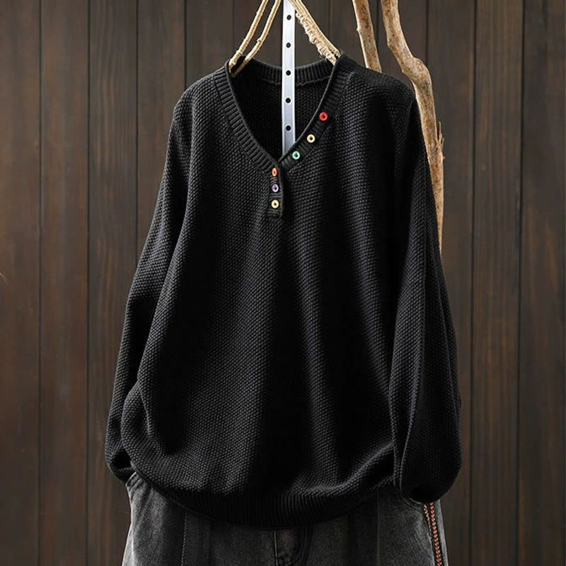 Pull en maille à manches longues pour femme, en coton, avec boutons colorés et col en V, Buddha Stones. - Noir - US4-6，UK/AU8-10，EU36-38 (F) - image 19