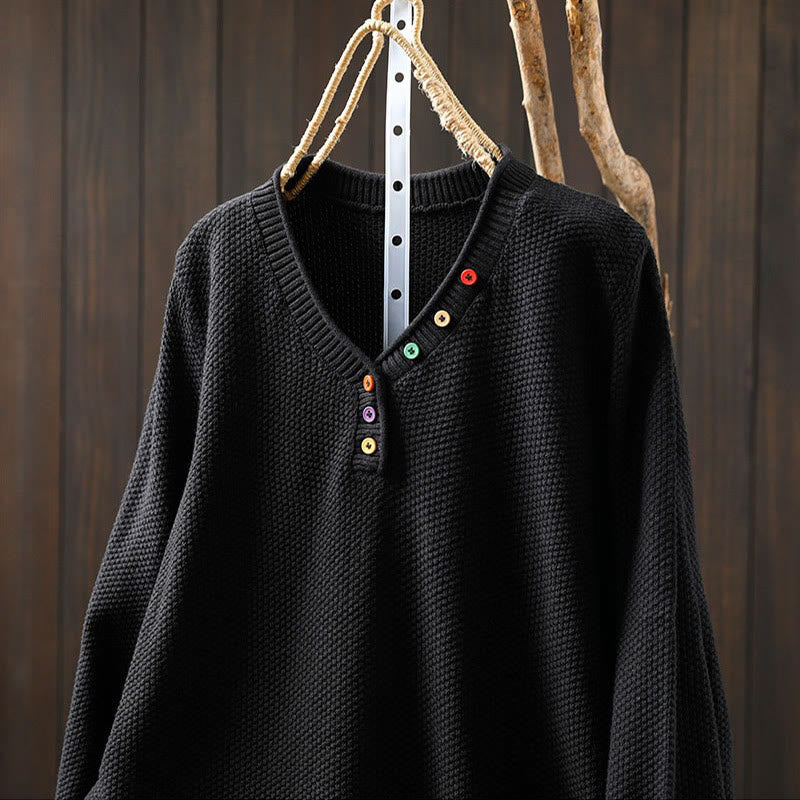 Pull en maille à manches longues pour femme, en coton, avec boutons colorés et col en V, Buddha Stones. - image 20