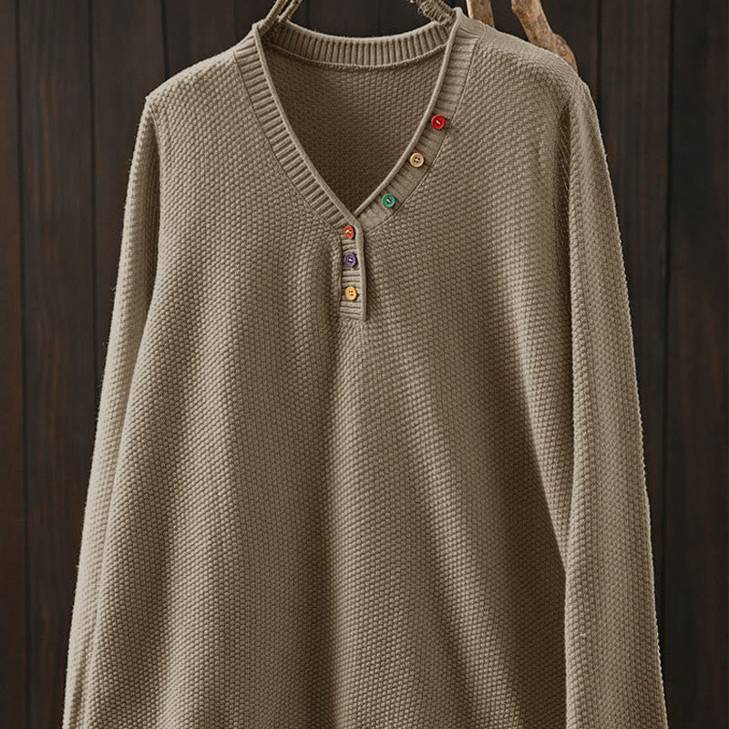 Pull en maille à manches longues pour femme, en coton, avec boutons colorés et col en V, Buddha Stones. - image 1