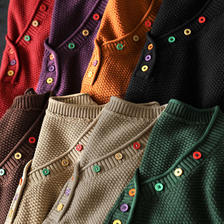 Pull en maille à manches longues pour femme, en coton, avec boutons colorés et col en V, Buddha Stones. - image 21