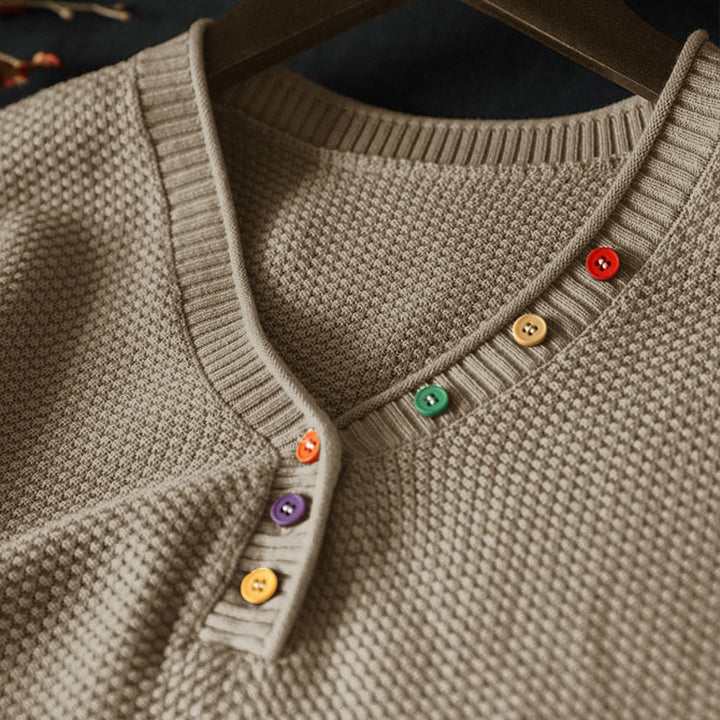 Pull en maille à manches longues pour femme, en coton, avec boutons colorés et col en V, Buddha Stones. - image 3