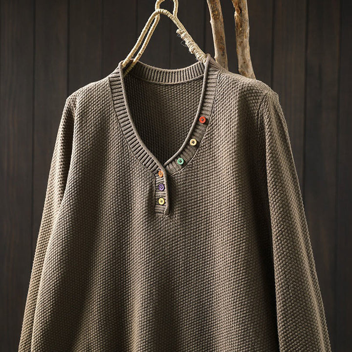 Pull en maille à manches longues pour femme, en coton, avec boutons colorés et col en V, Buddha Stones. - image 17