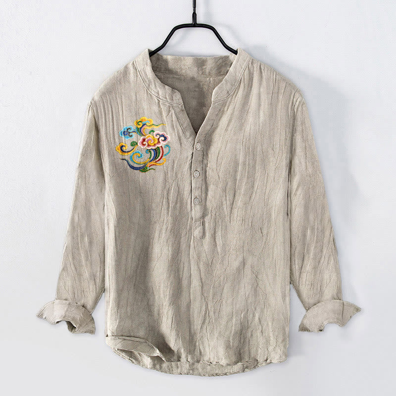 Chemise à manches longues pour homme en coton et lin, à demi-boutons, ornée de Buddha Stones et de nuages ​​colorés porte-bonheur. - Lin - US/UK/AU50，EU60 (5XL) - image 0
