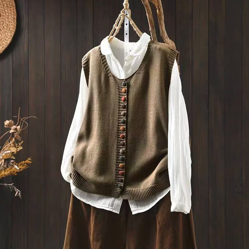 Gilet sans manches en coton tricoté pour femme avec boutons colorés et Buddha Stones - Terre de sienne - US4-6，UK/AU8-10，EU36-38 (F) - image 2