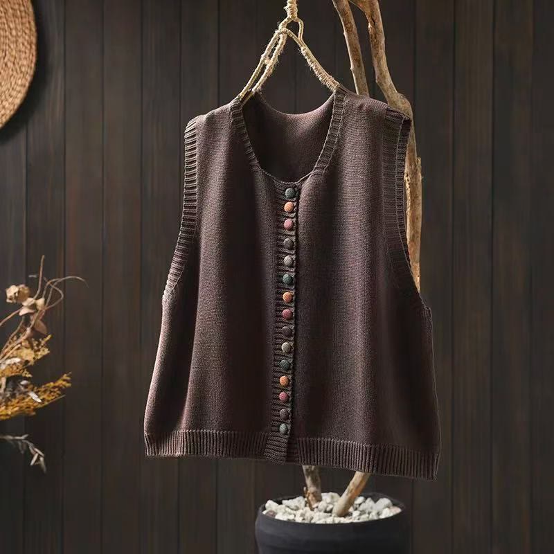 Gilet sans manches en coton tricoté pour femme avec boutons colorés et Buddha Stones - SaddleBrown - US4-6，UK/AU8-10，EU36-38 (F) - image 3