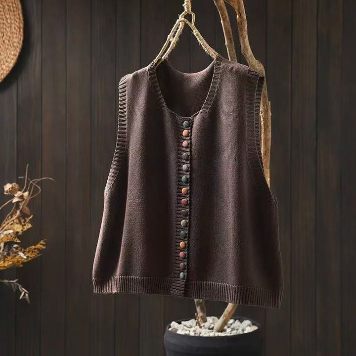 Gilet sans manches en coton tricoté pour femme avec boutons colorés et Buddha Stones - SaddleBrown - US4-6，UK/AU8-10，EU36-38 (F) - image 3