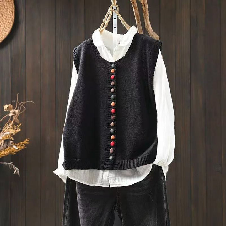 Gilet sans manches en coton tricoté pour femme avec boutons colorés et Buddha Stones - Noir - US4-6，UK/AU8-10，EU36-38 (F) - image 4