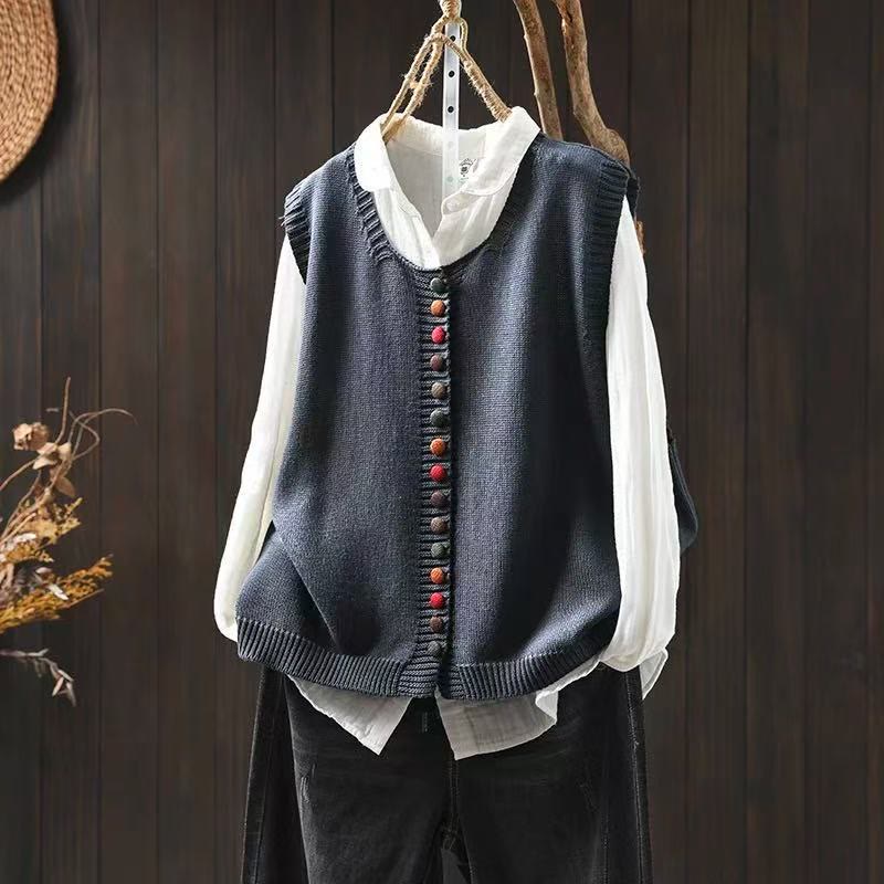 Gilet sans manches en coton tricoté pour femme avec boutons colorés et Buddha Stones - Gris ardoise - US4-6，UK/AU8-10，EU36-38 (F) - image 9