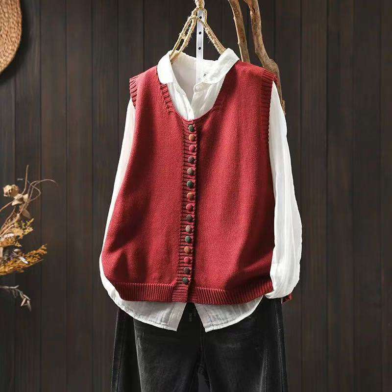 Gilet sans manches en coton tricoté pour femme avec boutons colorés et Buddha Stones - Rouge - US4-6，UK/AU8-10，EU36-38 (F) - image 5