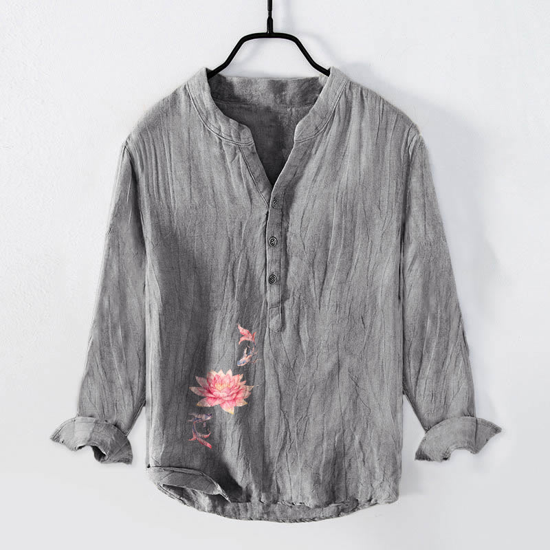 Chemise à manches longues pour homme en coton et lin, à demi-boutons, ornée de Buddha Stones, de lotus et de carpes koï, aux couleurs douces et aux demi-boutons. - Gris - US/UK/AU50，EU60 (5XL) - image 0