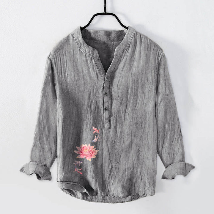 Chemise à manches longues pour homme en coton et lin, à demi-boutons, ornée de Buddha Stones, de lotus et de carpes koï, aux couleurs douces et aux demi-boutons. - Gris - US/UK/AU50，EU60 (5XL) - image 0
