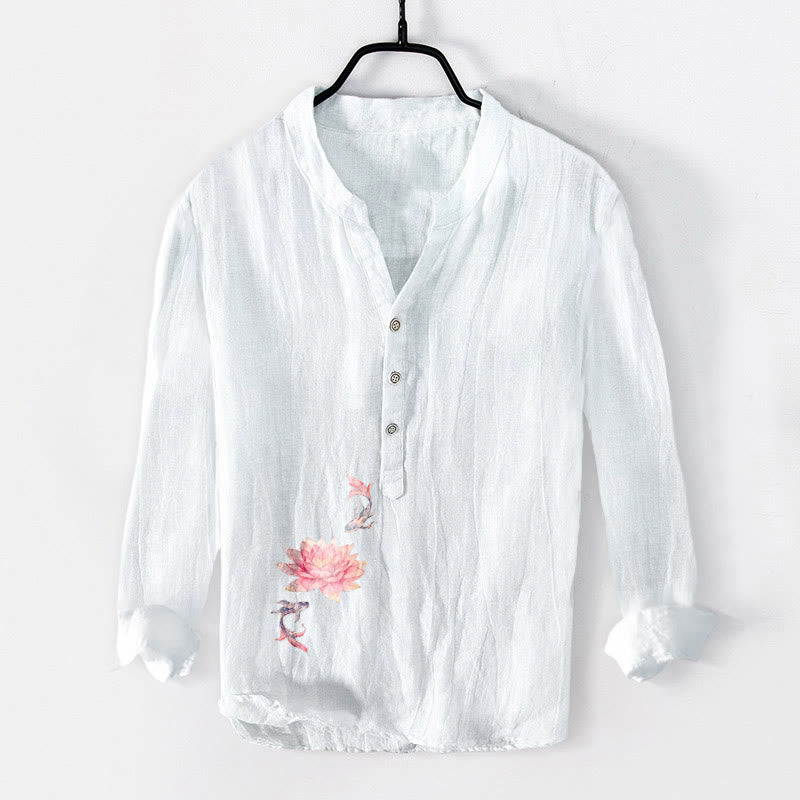 Chemise à manches longues pour homme en coton et lin, à demi-boutons, ornée de Buddha Stones, de lotus et de carpes koï, aux couleurs douces et aux demi-boutons. - Blanc - US/UK/AU50，EU60 (5XL) - image 6