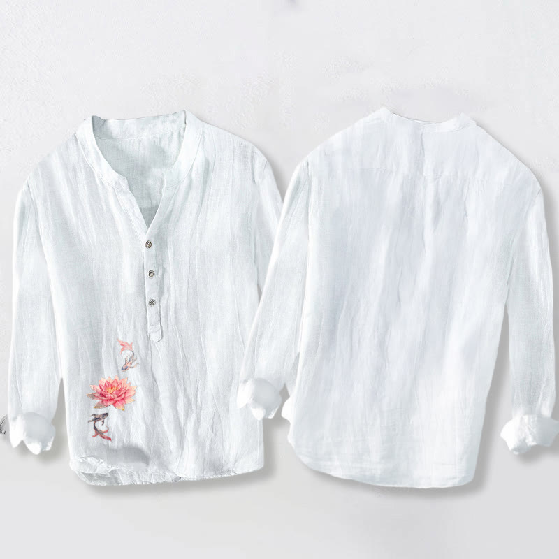 Chemise à manches longues pour homme en coton et lin, à demi-boutons, ornée de Buddha Stones, de lotus et de carpes koï, aux couleurs douces et aux demi-boutons. - image 8