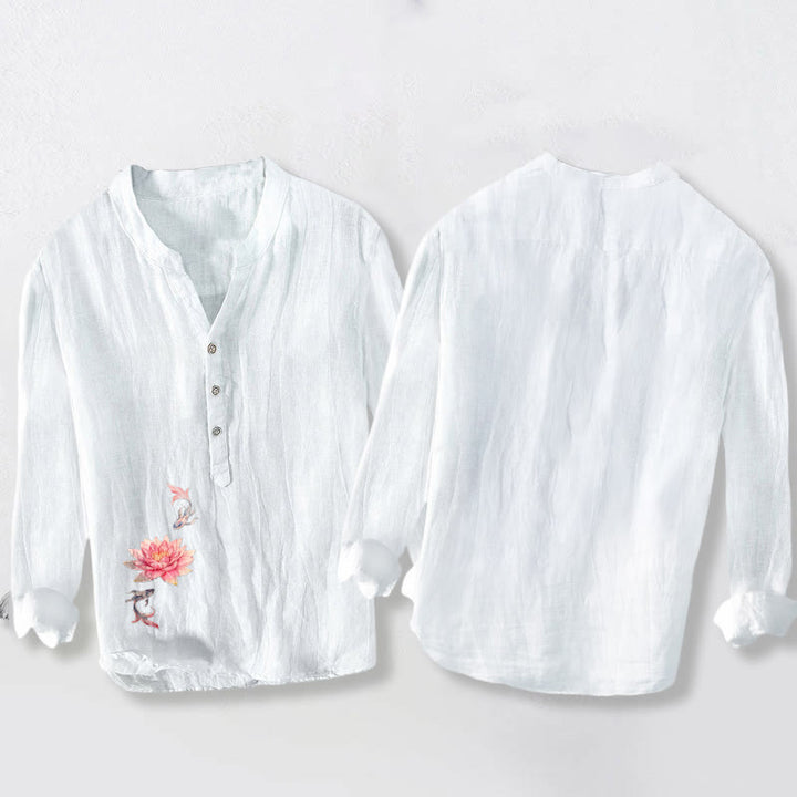 Chemise à manches longues pour homme en coton et lin, à demi-boutons, ornée de Buddha Stones, de lotus et de carpes koï, aux couleurs douces et aux demi-boutons. - image 8