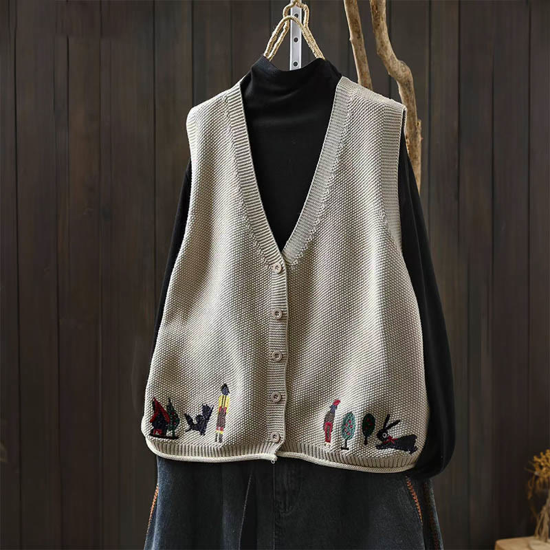 Gilet sans manches en coton tricoté pour femme, orné de Buddha Stones, de lapins et de boutons brodés. - Beige - US4-6，UK/AU8-10，EU36-38 (F) - image 0