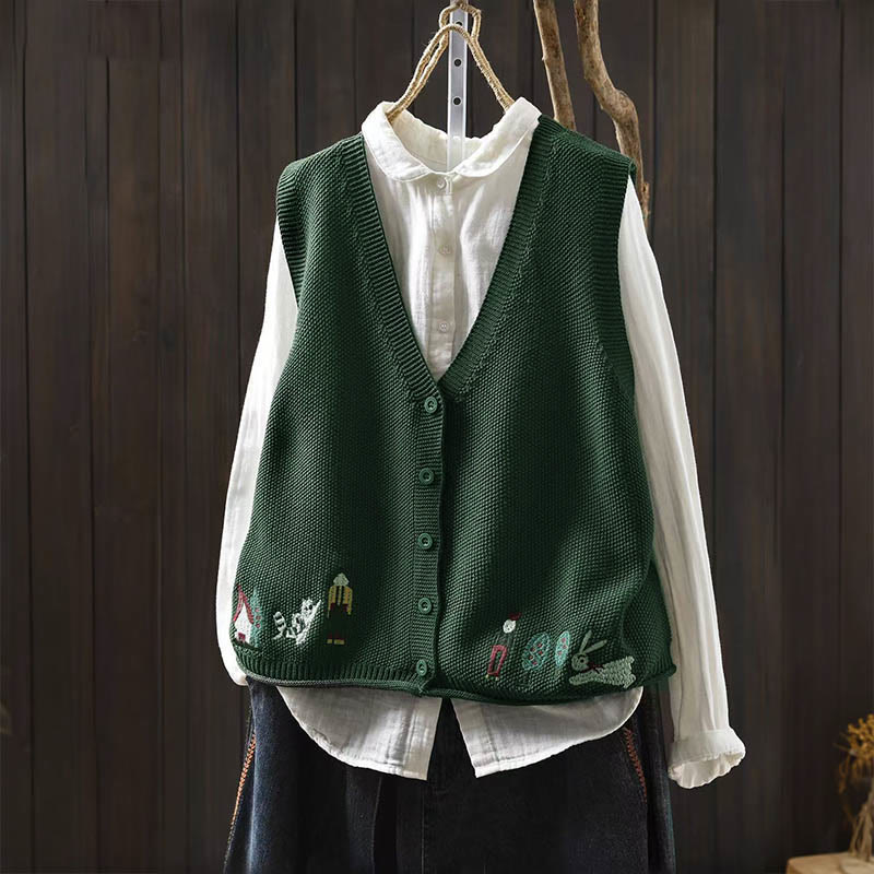 Gilet sans manches en coton tricoté pour femme, orné de Buddha Stones, de lapins et de boutons brodés. - Vert d'eau - US4-6，UK/AU8-10，EU36-38 (F) - image 2