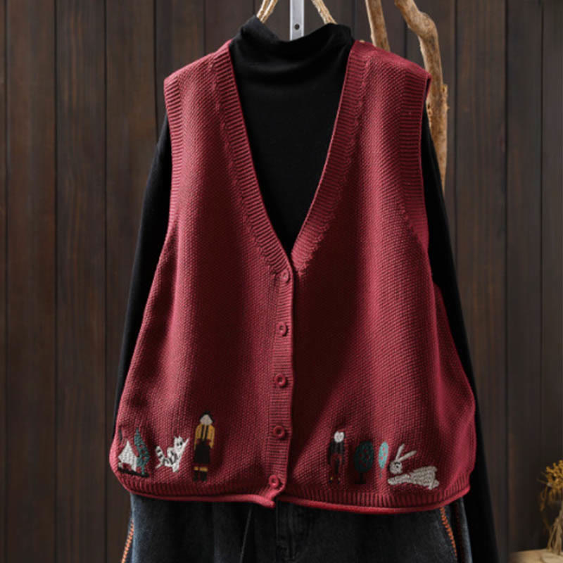 Gilet sans manches en coton tricoté pour femme, orné de Buddha Stones, de lapins et de boutons brodés. - Rouge - US4-6，UK/AU8-10，EU36-38 (F) - image 12