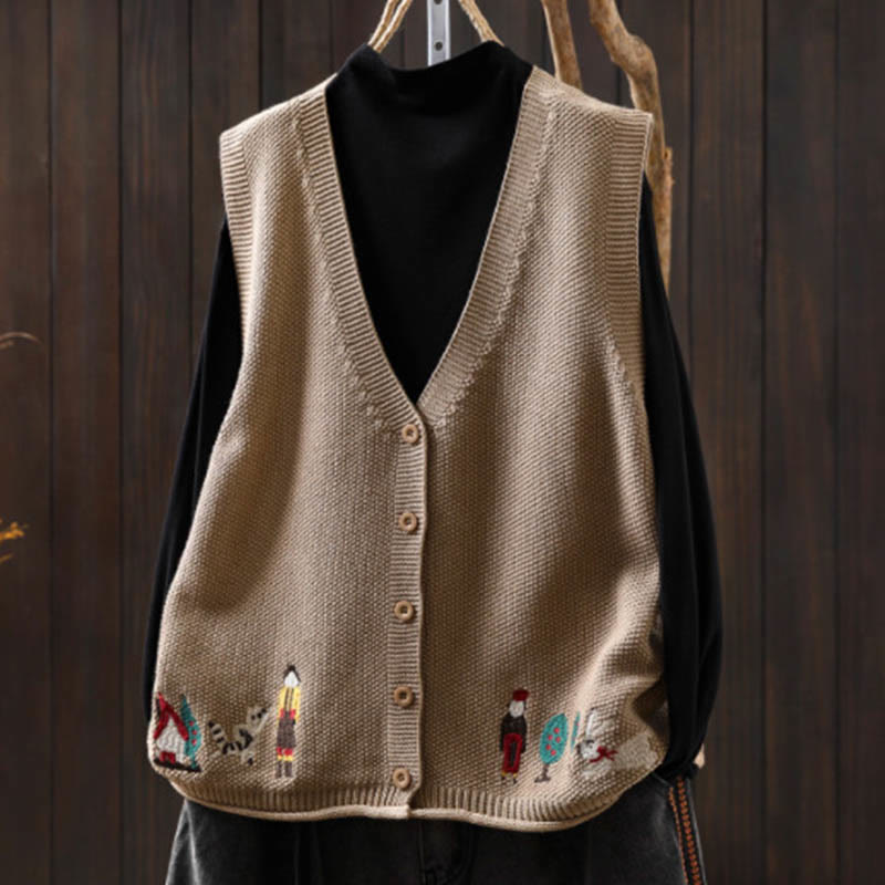 Gilet sans manches en coton tricoté pour femme, orné de Buddha Stones, de lapins et de boutons brodés. - Tanné - US4-6，UK/AU8-10，EU36-38 (F) - image 15