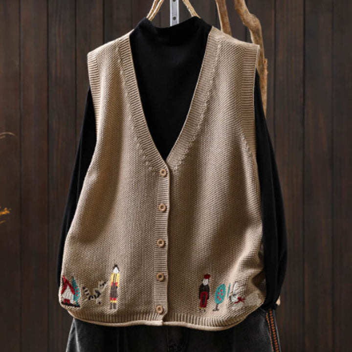 Gilet sans manches en coton tricoté pour femme, orné de Buddha Stones, de lapins et de boutons brodés. - Tanné - US4-6，UK/AU8-10，EU36-38 (F) - image 15