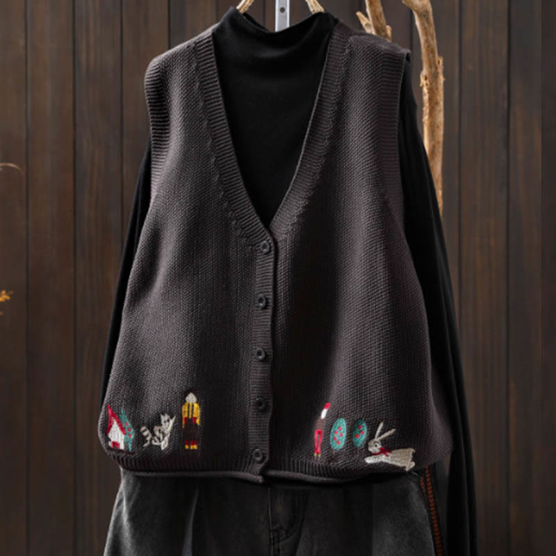 Gilet sans manches en coton tricoté pour femme, orné de Buddha Stones, de lapins et de boutons brodés. - Gris - US4-6，UK/AU8-10，EU36-38 (F) - image 18